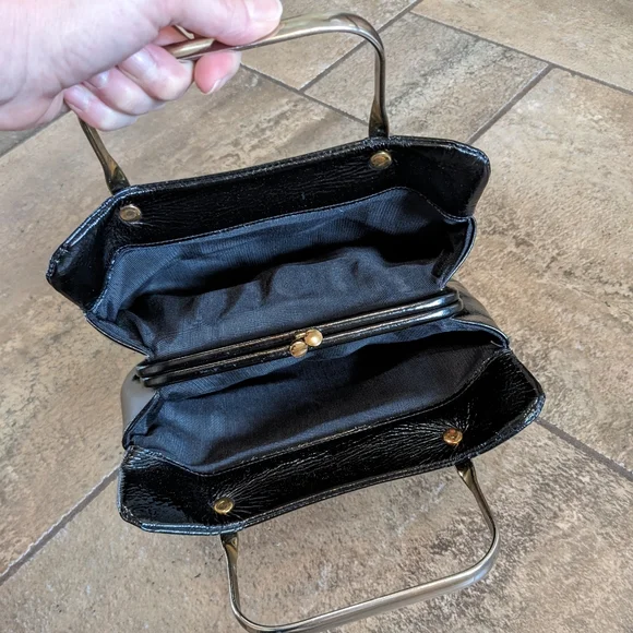 Jane Shilton Vintage Patent Leather Metal Top Handle Luxurious Evening Bag Black - Picture 4 of 14